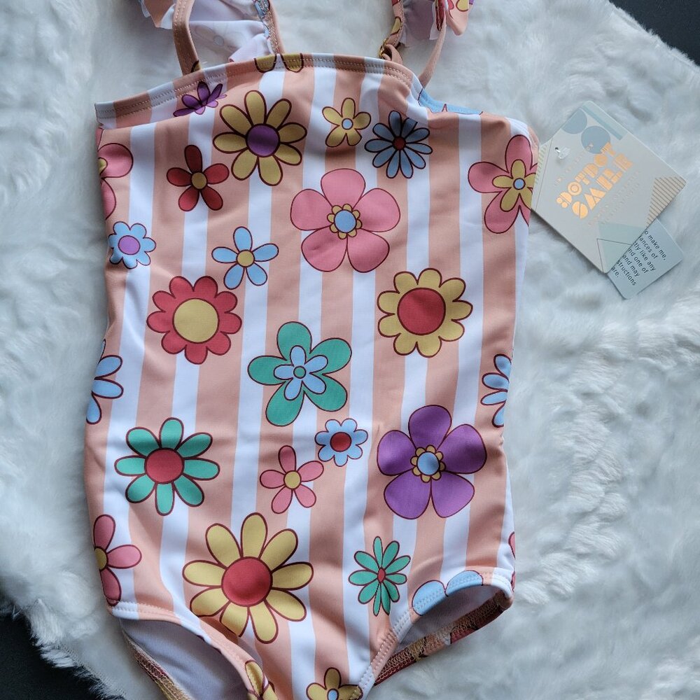 Dot Dot Smile Swimsuit Girl's 3T Orange Striped & Flowers One Piece Swim NWT